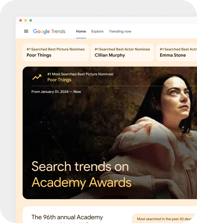 Image of the Google Trends Curated Stories page for the Academy Awards